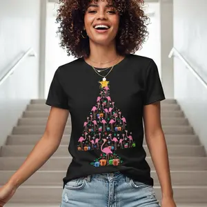 Women's Christmas with a tropical twist featuring flamingos Graphic T-Shirt -       Black Short Sleeve Crew Neck Regular Fit Casual Wear | Soft & Breathable Fabric, Durable Print, Everyday Comfort, Machine Washable, festive and playful casual