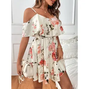 Women's Brunch Dresses Off Shoulder Ruffle Floral Mini Dress | Spaghetti Strap Elastic Waist Sundress for Summer Vacation