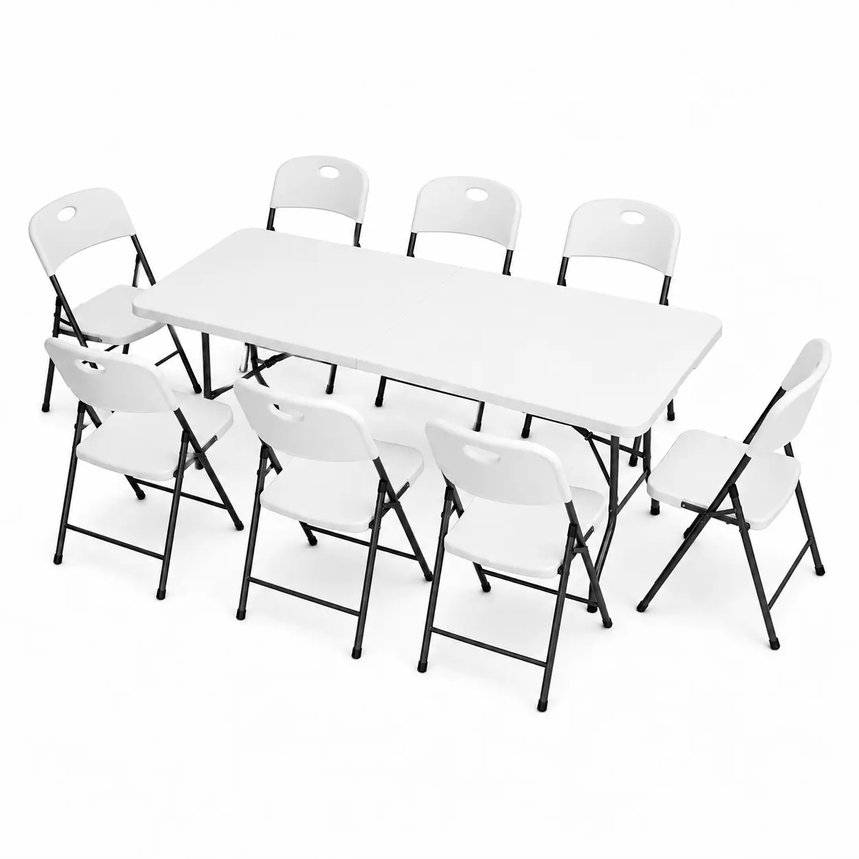 6 FT Rectangular Foldable Plastic Folding Table Set with 8 White Foldable Chairs, Outdoor Furniture Set for Picnic, Commercial Use, Home Activities