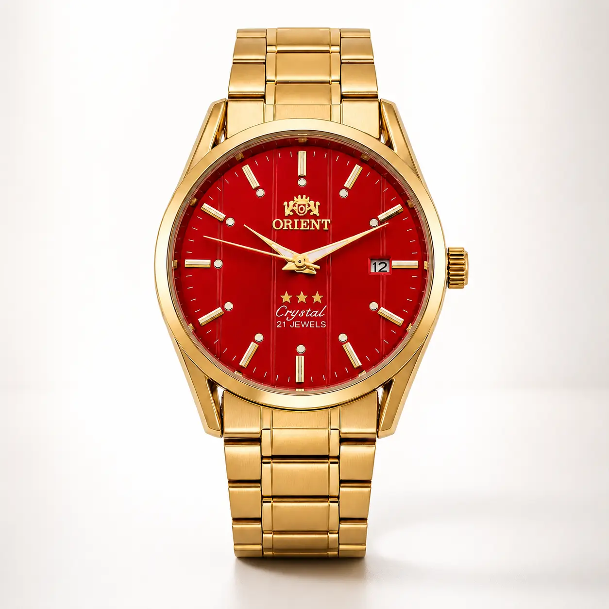 Double Lion Male Automatic Mechanical Watch - 21-Jewel Movement, Gold Stainless Steel Bracelet, Red Dial, Luminous Sword-Shaped Hands, Date Show, Classic Round, Business Wear, Battery-Free Premium Men's Gift Ideas Fashion Watch