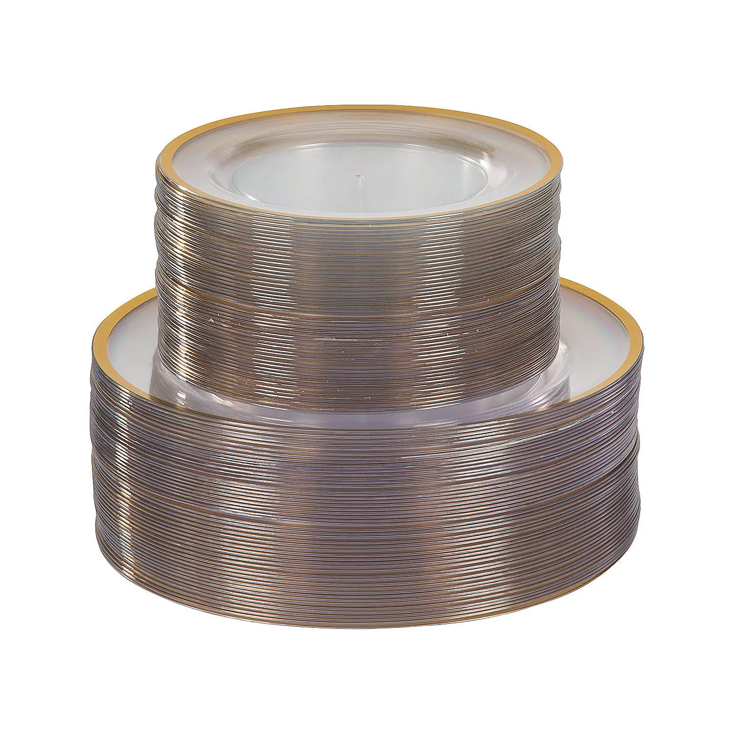 Bulk  100 Ct. Premium Clear Plastic Plates with Gold Trim
