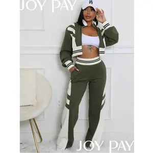 Two Piece Tracksuit for Women Colorblock Zip-Up Crop Jacket and Wide Leg Pants Set Athleisure Street Fit Casual Gym Wear Athletic Sports Clothing