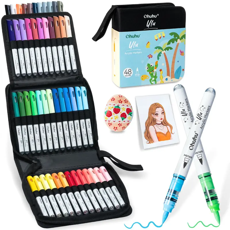 【Back to school shopping】Ohuhu Acrylic Paint Markers: Brush Tip -  48 Colors - Waterproof Flexible Tip Acrylic Markers, Premium Paint Pens for Various Surfaces, Markers for Coloring, Art Supplies, Acrylic Marker, Summersale - Ulu Series of Ohuhu