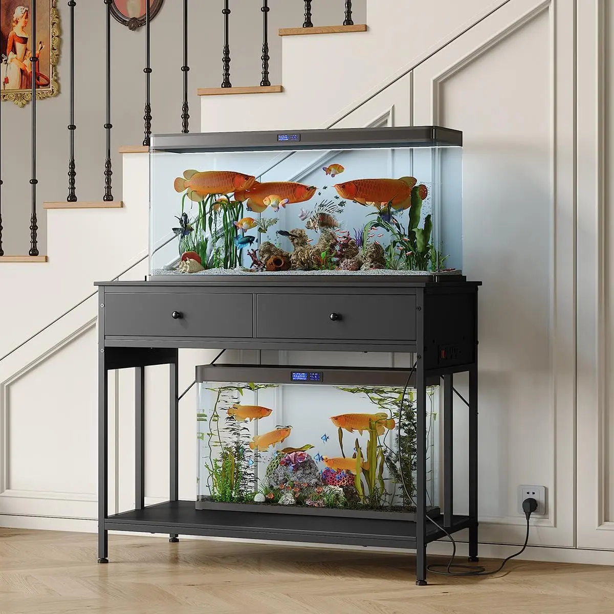 40-50 Gal Metal Frame Aquarium Stand, Dual Tiered Industrial Look Outdoor Furniture with Storage Drawers, Adjustable Legs, 660 LBS Capacity for Fish/Reptile Tanks