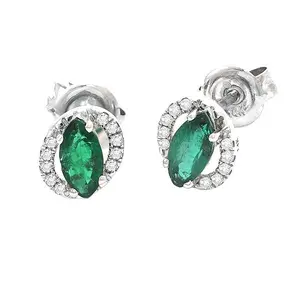 Marquise Emerald and Diamond Halo Earrings in 14K White Gold