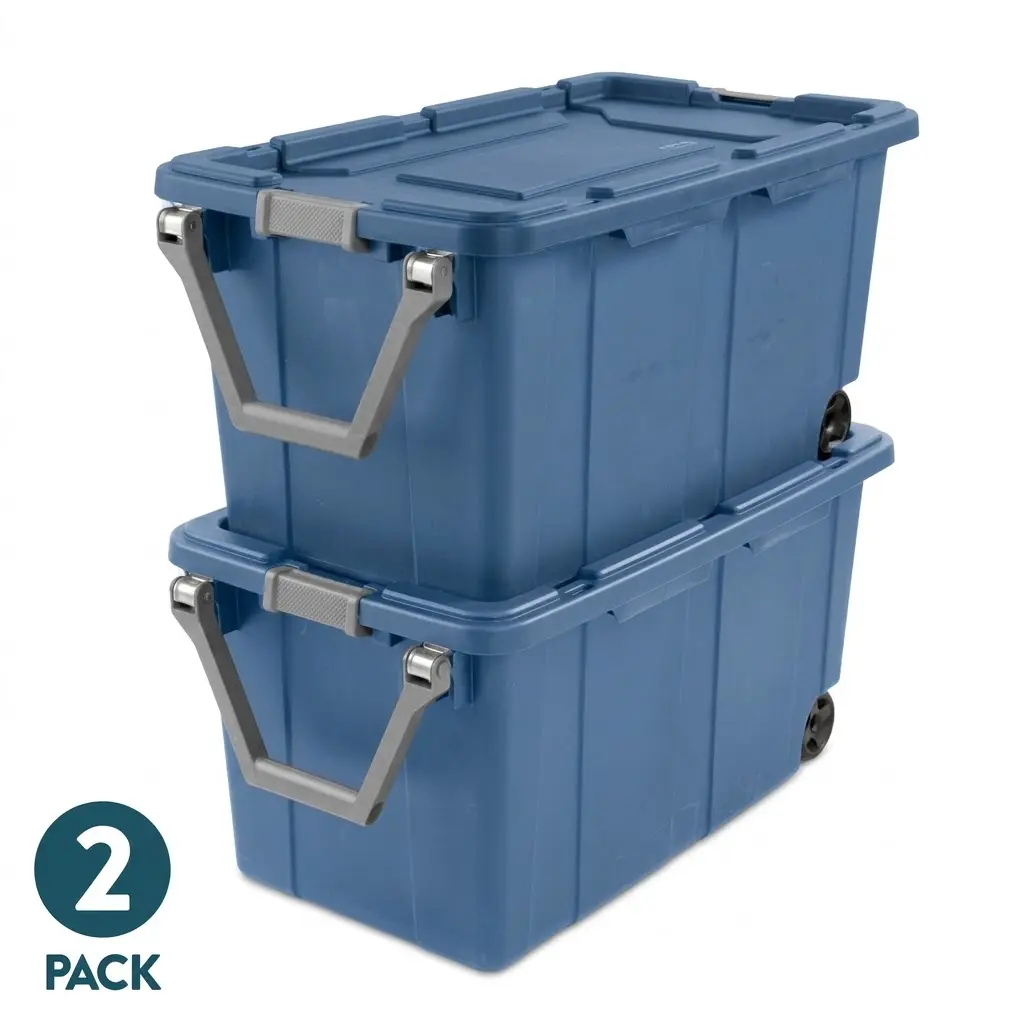 Extra-Large Wheeled Industrial Storage Bin, 40 Gallon Durable Plastic Storage Tote with Latching Lid and Pull Handle, Black, 2 Pack
