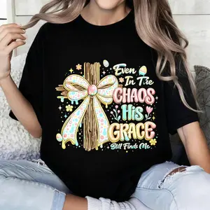 100% pure cotton Women's Black T-Shirt With Easter Bow And Wooden Cross Design Even In The Chaos His Grace Still Finds Me Christian Quote For Spring And Easter Season