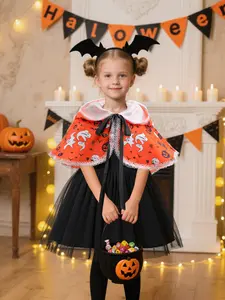 Halloween Kids Mesh Dress Set Girls Witch Pumpkin Shawl Cape Two-Piece Party Style Fitted Floral Pattern All Seasons Wear
