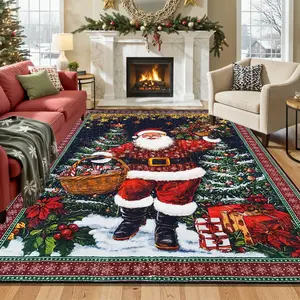 Christmas Carpet Santa Floral Gift Box Design, Non-Slip Washable Rug, Vintage Living Room Bedroom Mat, Floral Area Rug, Winter Home Decor