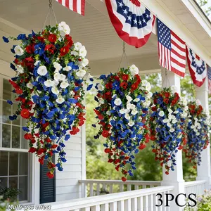 A Set of Three Artificial Flowers, Three Dimensional Flower in Red, White, Blue, Perfect for Hanging Decorations, July 4Th Celebrations, Weddings, Seasonal Home Decor, Gardens