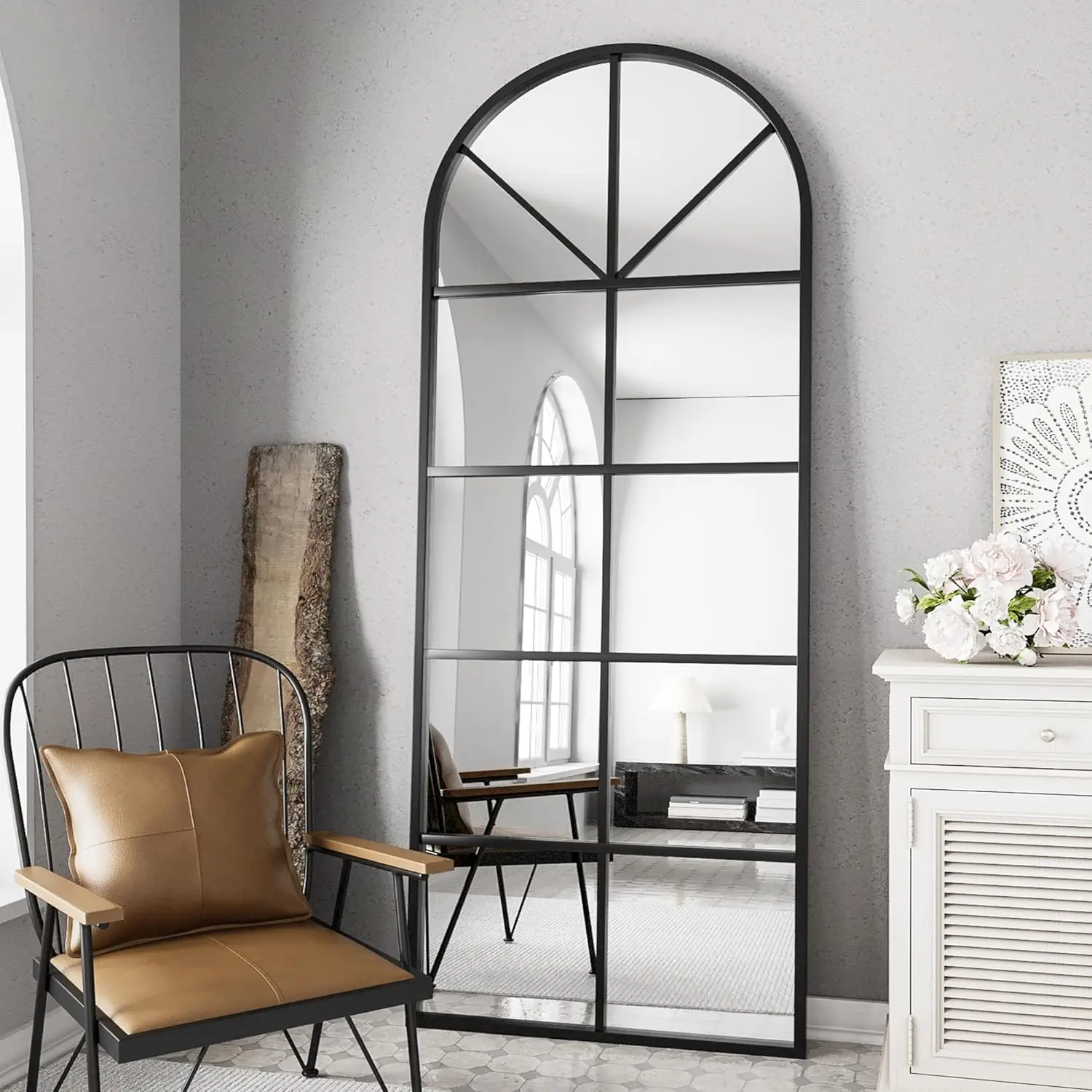 Full Length Mirror, Black Floor Mirror, 64"x21" Arched Window Pane Mirror, Oversize Wall Mirrors, Farmhouse Standing Mirrors with  Frame Hanging or Leaning for Living Room, No Stand