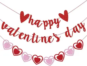 Glittery Heart Valentine'S Day Banner, Red & Pink Sparkling Hollow Heart Shape DIY Paper Banner for Wedding Decoration TZIFQO