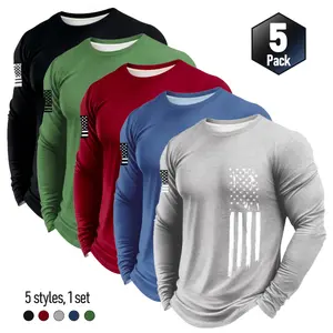 Men's 5-Pack compression shirts for men Moisture Wicking Quick Dry Athletic Tops American Flag Print Crew Neck Workout Tees for Running Gym Casual