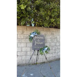 Wedding Sign - Wooden Personalized Handcrafted Rustic Stained Wood Sign with Elegant Golden Cut Out Lettering for Romantic Ceremony Entrance