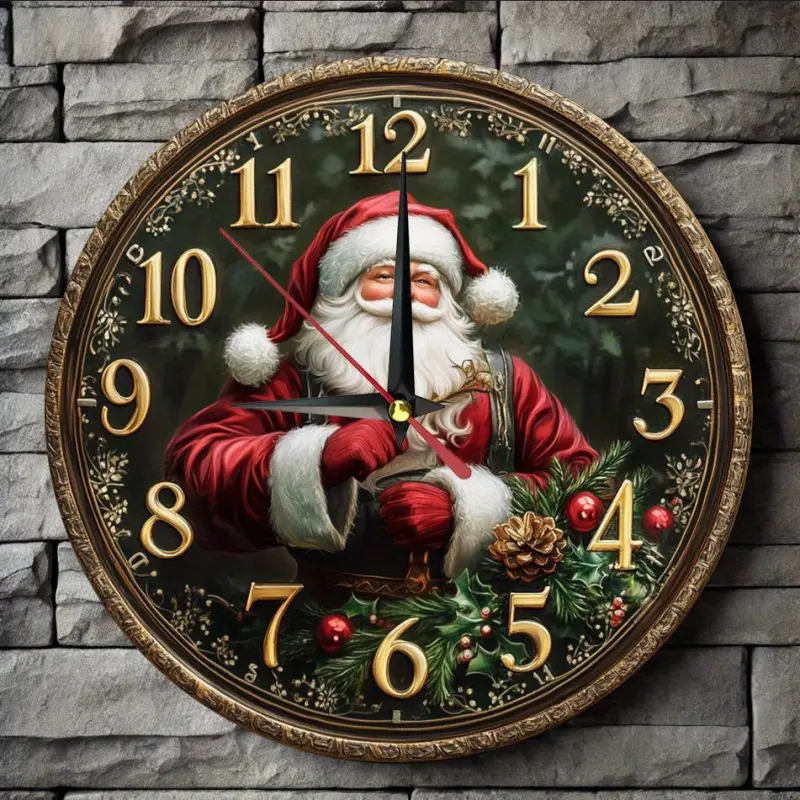 Santa Claus Wooden Wall Clock - Silent, Easy to Read 9.8inch Round Farmhouse Decor, Suitable for Kitchen, Bedroom, Office - Battery Operated (AA Batteries Not Included), Small Living Room Wall Clock