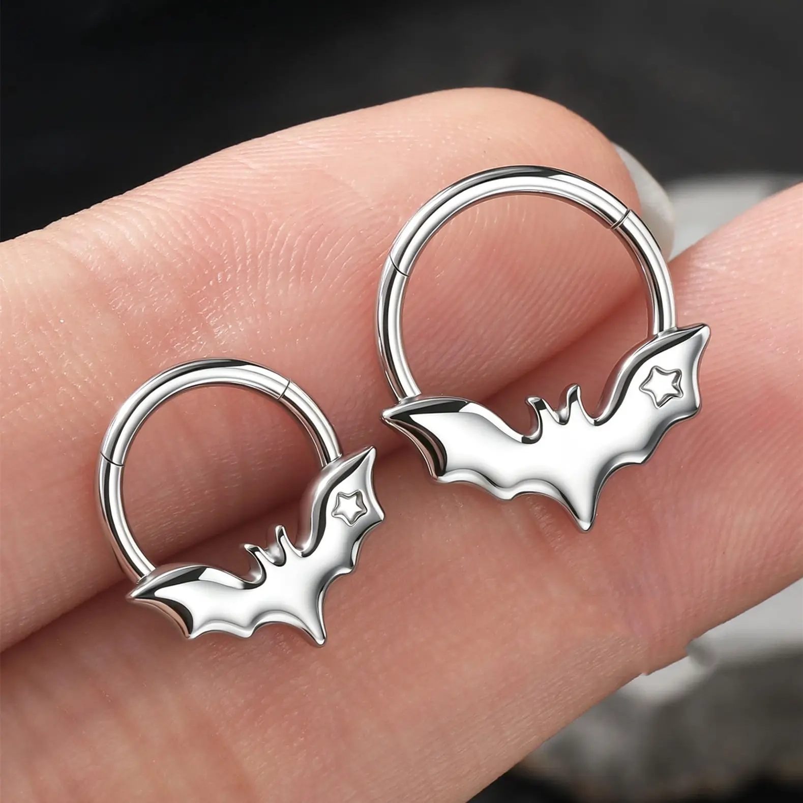 OUFER BODY JEWELRY Chunky Bat & Star Stainless Steel Septum Ring, 16G Hypoallergenic Hinged Segment Piercing Jewelry, Septum Piercing