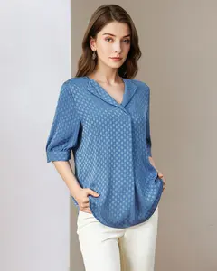 Sky Blue Geometric Print Blouse | V-Neck Collar & Elbow Sleeve | Versatile Work & Casual Top LE-SY083