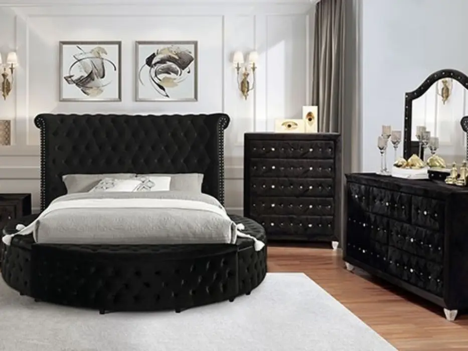 Red Barrel Studio CM7178BK-Q-4PC 4-Pc Art Deco Black Fabric Upholstered Round Queen Size Bed Set, Matching Bedroom Furniture Set with Nightstand, Dresser & Mirror for Bedroom Decor, Matching Bedroom Sets