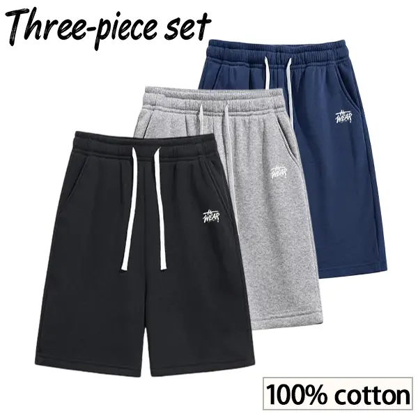 Men's Pure Cotton Drawstring Menswear Shorts (3-Pack, 13.98in Inner Length) - Mid Waist, Stylish Retro Basic Summer Athletic Streetwear for Running, Commuting