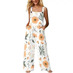 Womens Orange Floral Print Wide Leg Overalls Sleeveless Square Neck High Waist Jumpsuit With Pockets For Summer Beach Vacation Brunch Wear