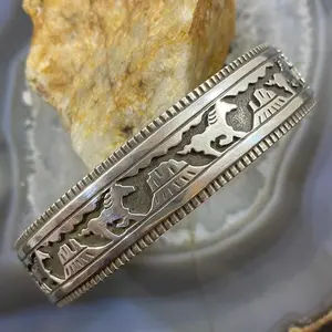 Signed Native American Sterling Silver Horses & Mesa Overlay Bracelet For Men