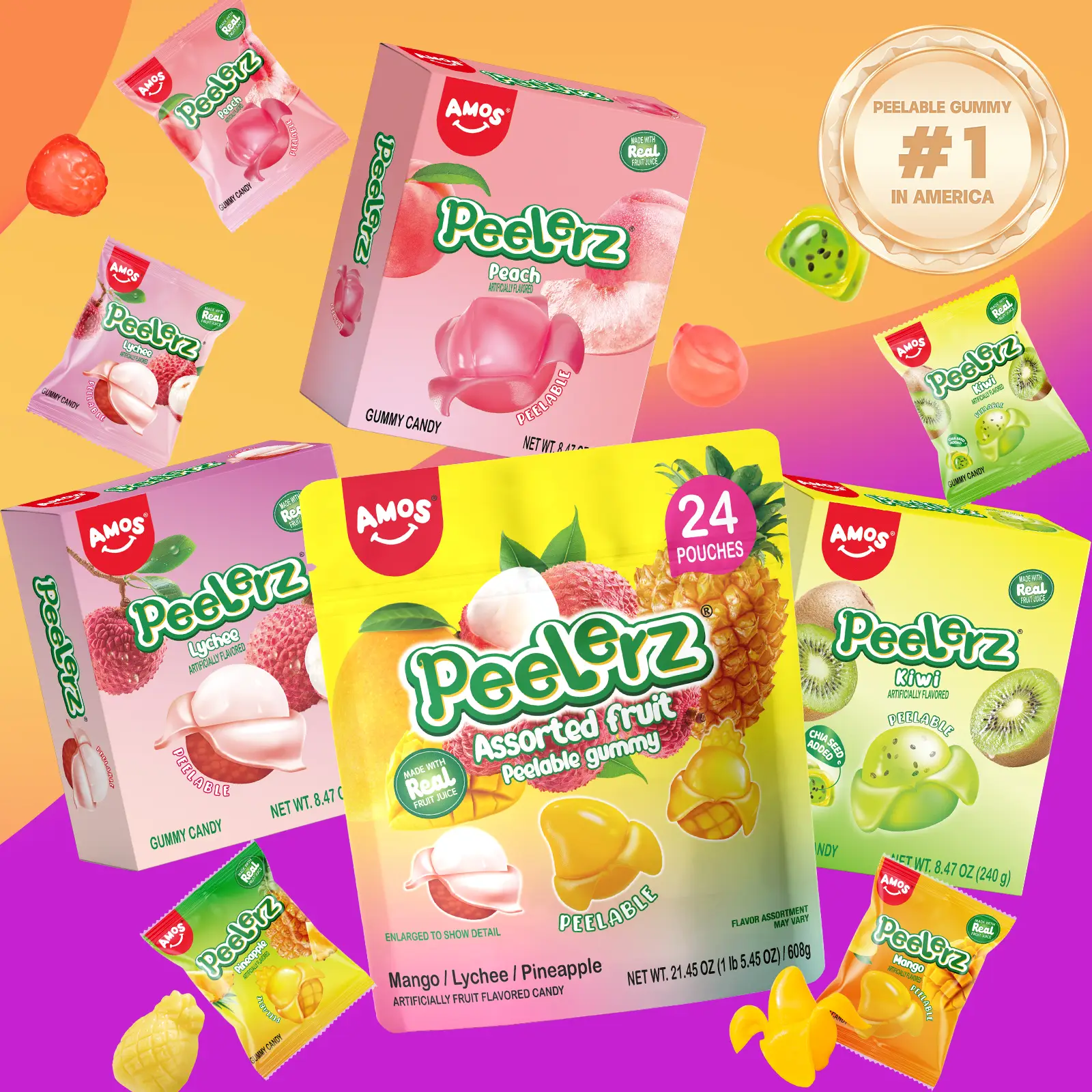 Amos Peelerz Fruity Gummies 240g New Tropical Edition Lychee Kiwi Peach Mixed Pack Mango Lychee Pineapple Exotic Chewy Fruit Candy Low Sodium Fat Free