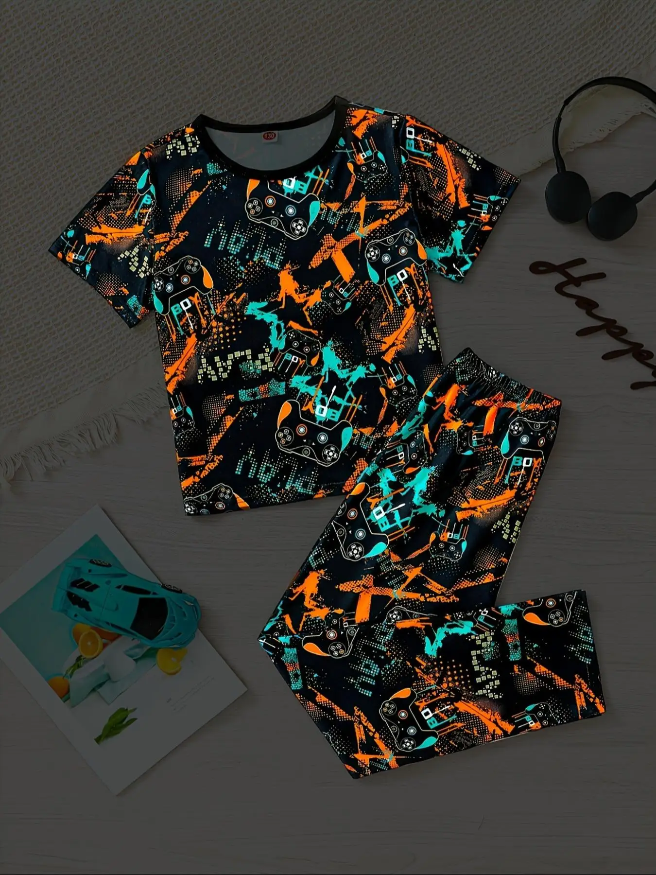 Two-piece Set Boy's Grow In The Dark Game Console Tie Dye Print Short Sleeve Tee & Elastic Waist Pants Set, Casual Round Neck T-shirt & Trousers for S