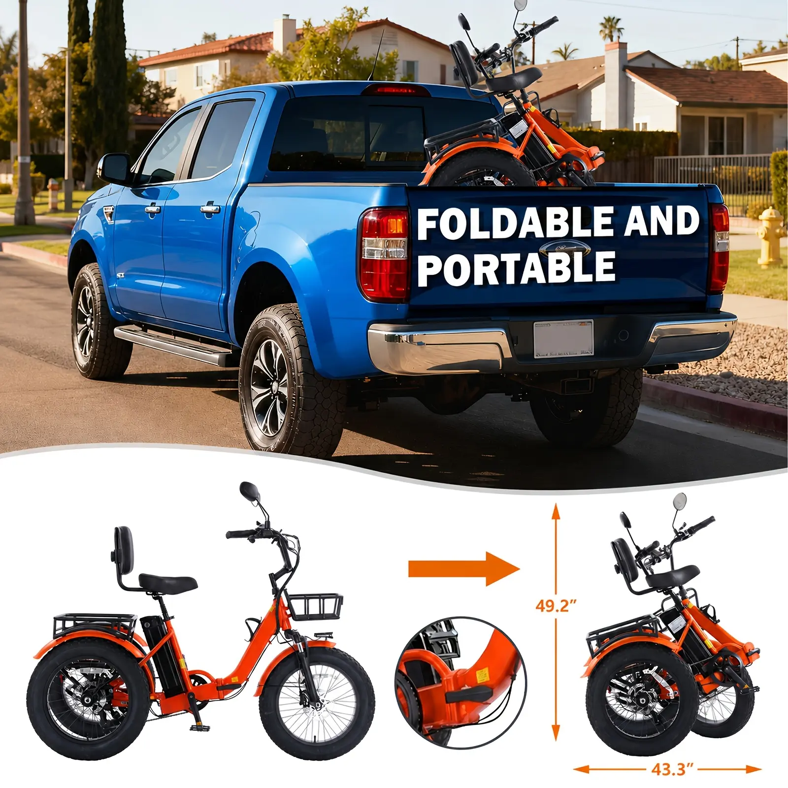 Electric Mobility Scooter, Adult Electric Tricycle with 20" X 4" Fat Tires, Folding 3 Wheel Electric Bike for Adults & Seniors, Easy Step-Through Frame, Rear Differential, Removable Battery, Front & Rear Baskets for Shopping & Daily Rides