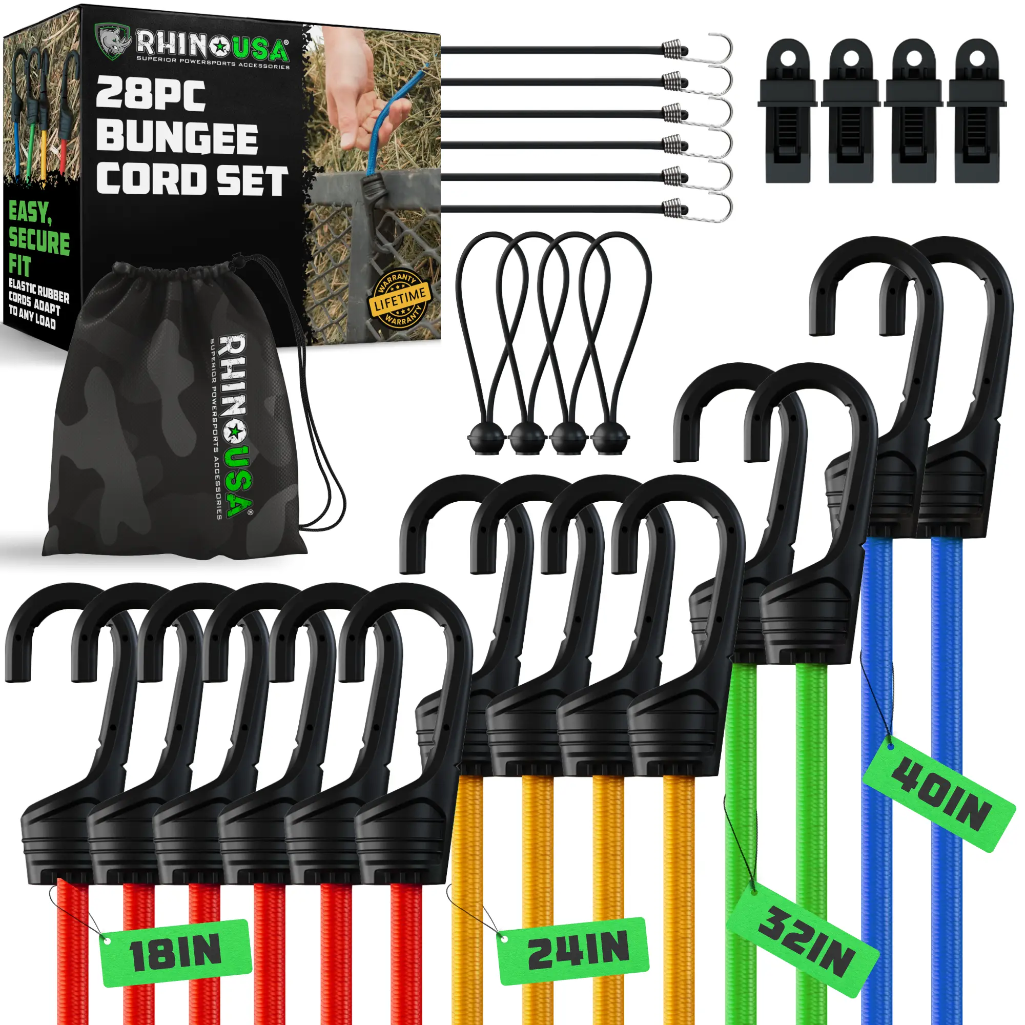 RHINO USA Bungee Cords with Hooks - Heavy Duty Outdoor 28pc Assortment with 4 Free Tarp Clips, Drawstring Organizer Bag, Canopy Ties & Ball Bungees