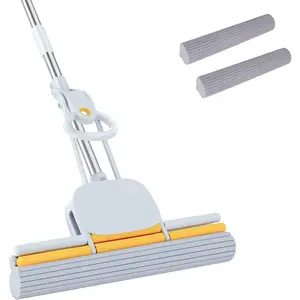 PVA Sponge Mops 60" Long Handle 15" Head with 2 Pads Sponge Mops for Floor Cleaning Squeeze with Wringer
