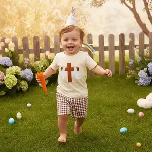 Toddler Baby Boys Easter Outfits Cross Embroidered Crew Neck Short Sleeve Tops with Plaid Shorts 2 Pcs Set