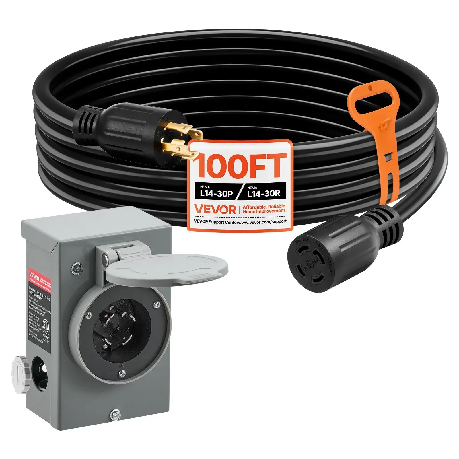 【summerfinds】VEVOR 30 Amp Generator Cord and Power Inlet Box, 100 FT, 125/250V NEMA L14-30P to L14-30R Heavy Duty Extension Power Cord, SJTW 10AWG 7500W, Pre-Drilled Inlet Box, for Generator to House, ETL Listed