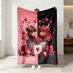Valentine's Day Romantic Highland Cow Print Flannel Blanket Multi Size for Living Room Sofa Nap Leisure Anti-Pilling Portable Wearable Rectangle Jacquard Pattern
