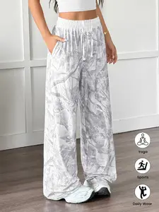 Women's Outdoor Casual Fashion Printed Loose Sports Pants with Pockets, Drawstring Hidden Waist Belt Design, Comfortable Long Trousers Fabric, Adjustable