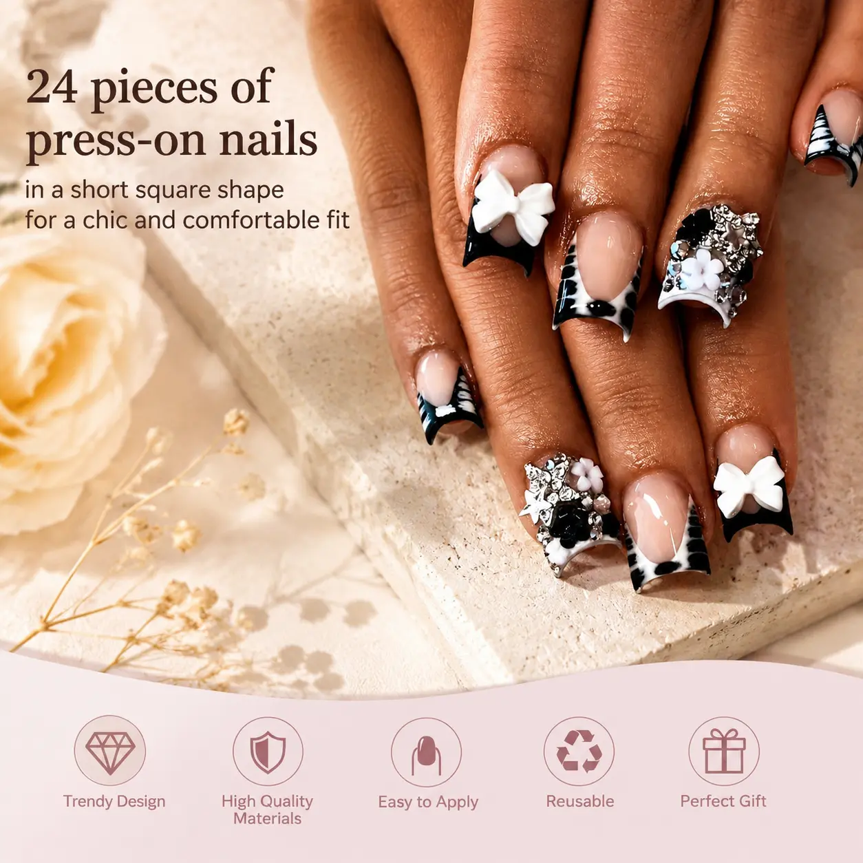 Press on Nails, 24 Pcs Short Square French Tip Fake Nails with Zebra Print, Flowers, Bow Charms & Shining Rhinestones for Women, Removable False Nails, Shining Rhinestone