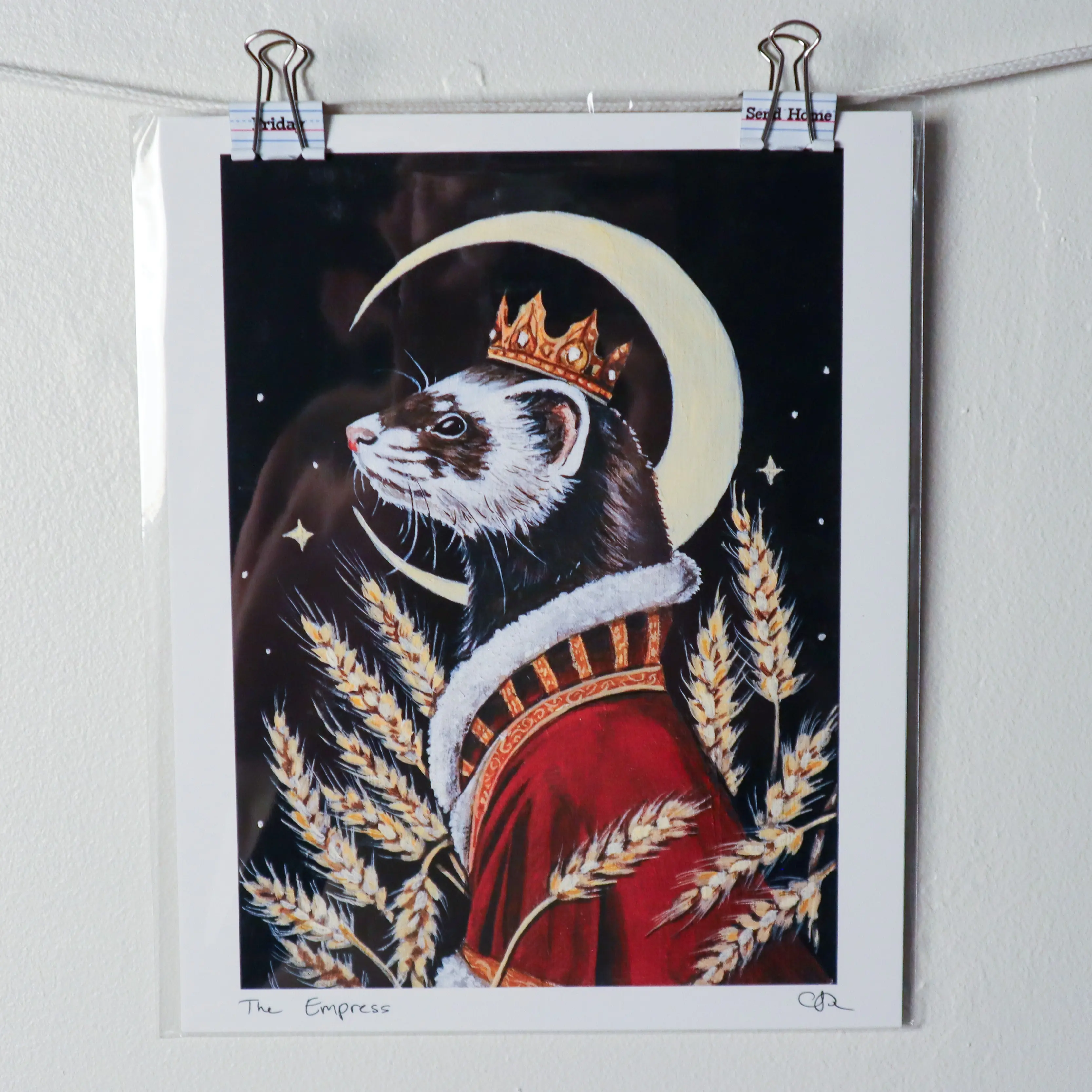 The Empress | 8"x10" Whimsical Artwork Featuring a Ferret in Royal Attire with Wheat Ears and Crescent Moon Design by Chrystal Dawn