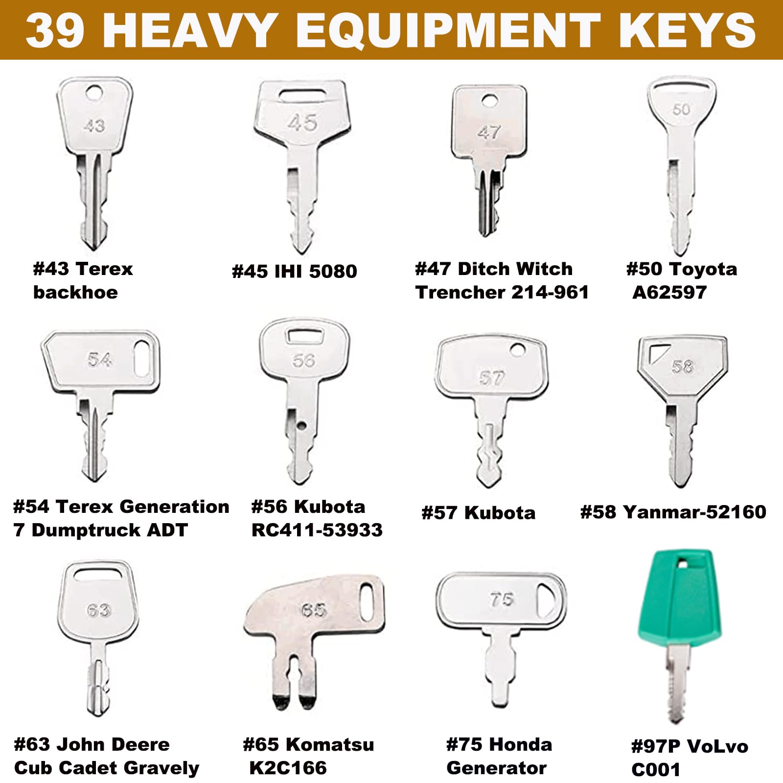 Heavy Equipment Keys Master Set, Construction Ignition Key Set Fits Case, Takeuchi, Hyster, Kubota, Cat, JCB, Bobcat, Daewoo, JLG, JD, Forklift Heavy Equipment Keys Master Set, Construction Ignition Key Set Fits Case, Takeuchi, Hyster, Kubota, Cat, JCB, Bobcat, Daewoo, JLG, JD, Forklift