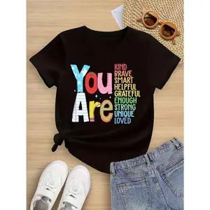 Girls' 100% Cotton Inspirational Tee "You Are", Colorful Star & Confetti Print, Soft Breathable Crew Neck