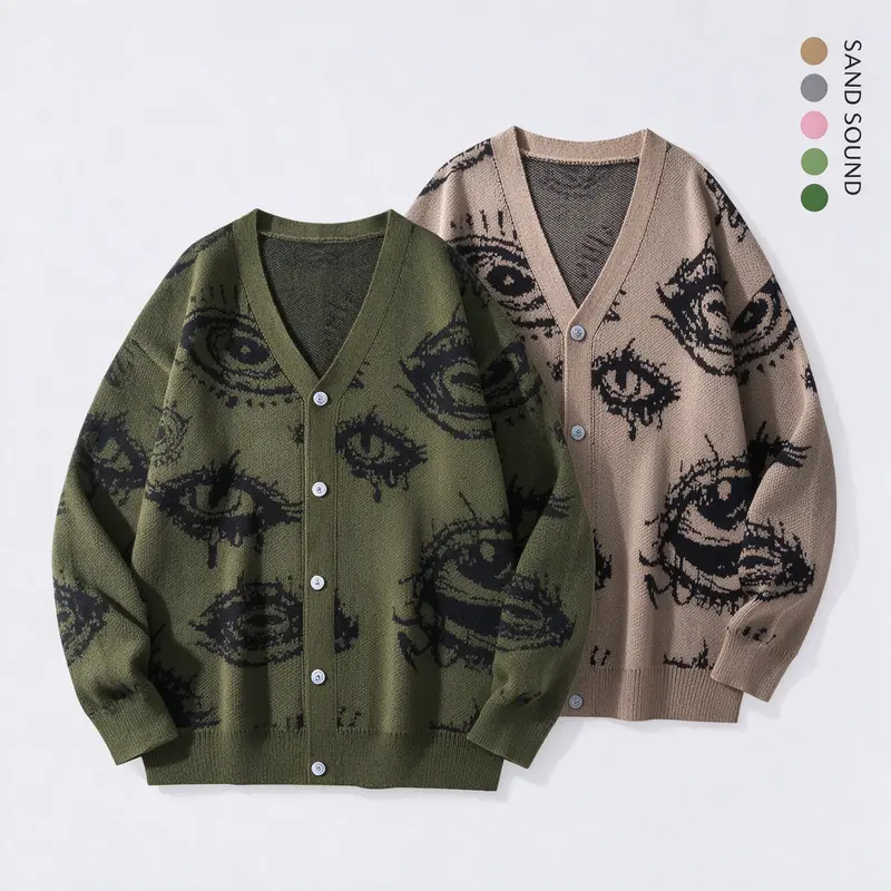 SAND SOUND 2026 Men's Fitted Casual Long-Sleeve Button-Up Round Cardigan - Retro Big Eyes Pattern, Skin-Friendly Polyester Knitwear, Elegant Preppy Party Top, Men's Clothing, Foldable, Do Not Dry Clean