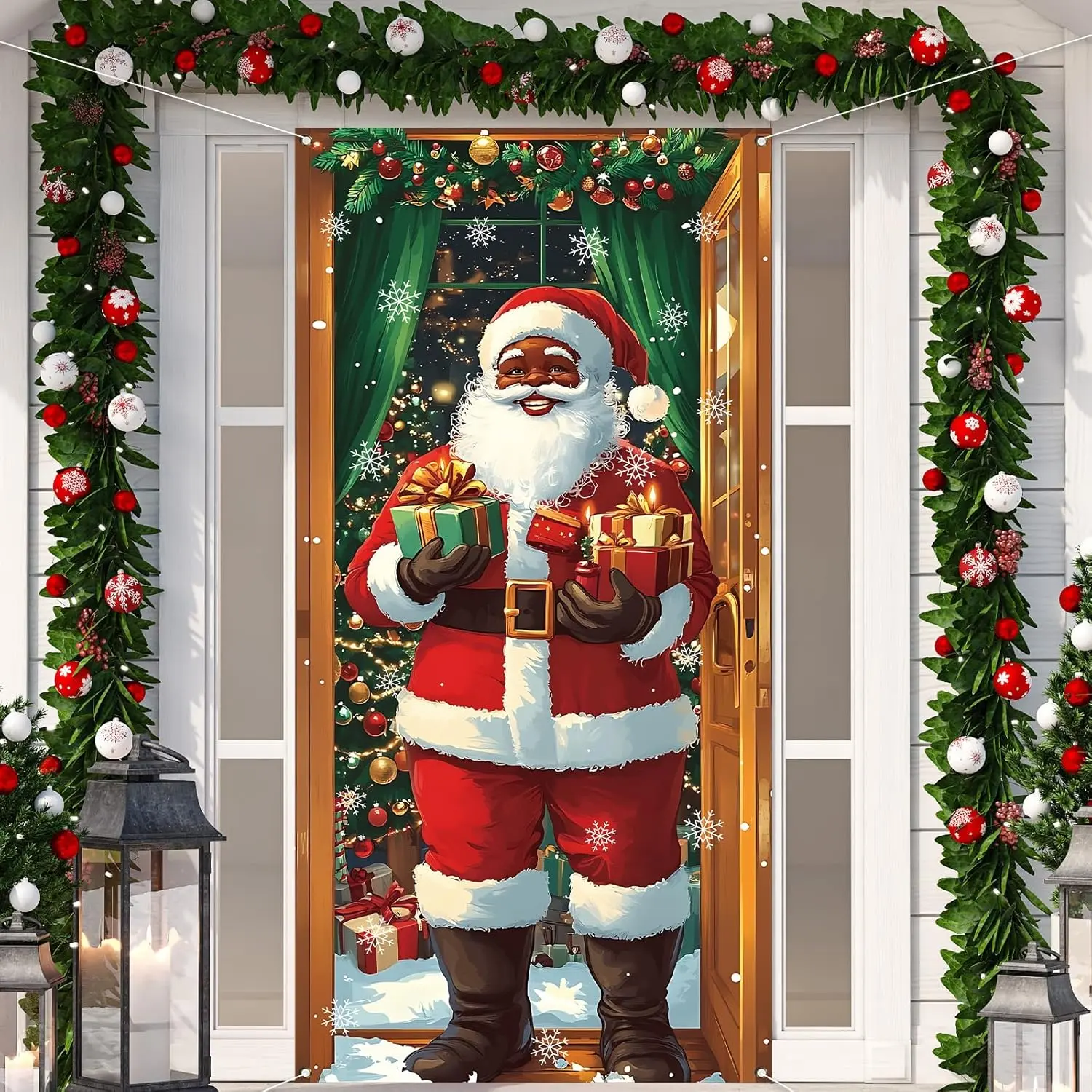 Christmas Door Cover Black Santa Christmas Photo Backdrop Merry Christmas Xmas Winter Holiday Party Decorations and Supplies for -71x35''