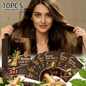 3-in-1 Natural Plant Hair Dye Shampoo (10 Sachets per Box), Natural Brown Easily Covers White Hair, Contains Herbal & Ginseng Extracts, Plant-Based Non-Irritating to Scalp & Hair, Nourishing, Easy to Rinse & Moisturizing Haircare