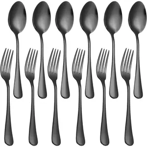 Set of 12, Stainless Steel Dinner Forks and Spoons Silverware Set, Heavy-Duty Forks (8 Inch) and Spoons (6.7 Inch) Cutlery Set, Dishwasher Safe (Black)