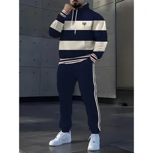 [StreetStyleSweatshirtSet]PlusSizeMen'sSweatshirtSet|LargeSizeThree-ColorStripedLogoHoodiePantsSetwithDetailedDesignTouches-StreetStyleContrastNarrative,UnlockingClassicDressingCodeElements