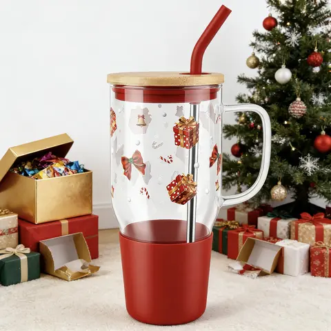 Women's 40oz Round Glass Tumbler - Aesthetic Washable Water Bottle Mug, Stylish Summer Cup with Handle, Lid & Straw, Large Capacity Reusable Drinkware for Cold Drinks, Christmas Tree-Themed Travel Use,Water Bottles