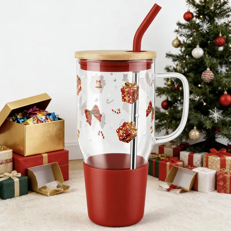 Women's 40oz Round Glass Tumbler - Aesthetic Washable Water Bottle Mug, Stylish Summer Cup with Handle, Lid & Straw, Large Capacity Reusable Drinkware for Cold Drinks, Christmas Tree-Themed Travel Use,Water Bottles