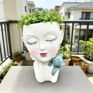 16cm Resin Flower Pot Decor, Decorative Pot, Indoor Outdoor Use, Creative Pen Holder, Succulent Planter, Human and Cat Shape, Garden Office Balcony Decoration
