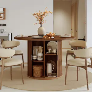 Round Dining Table with Hidden Storage, 47" Black Circle Kitchen Table with 4 Pull-Out Doors, 29.5" Height Wooden Dining Room Table with Storage Cabinet for Small Spaces