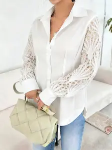 Plus Size Contrast Lace Hollow Out Plicated Bishop Sleeve Collared Blouse, Shirts, Long Sleeve, Casual Button Front Top for Summer, Women's Clothes for Daily Wear, Everyday, Quality and Durability