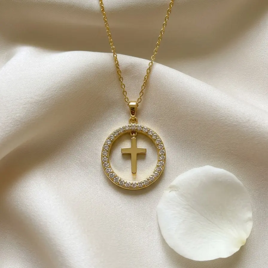 Iced Out Zircon Circle Cross Necklace for Women – Gold Plated Round Halo Christian Cross Pendant, Dainty Faith Jewelry Gift
