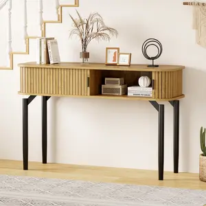 47" Oak Modern Fluted Console Table, Narrow Wooden Entryway Sofa Table with Sliding Door & Storage Shelves, Behind Couch Table for Entrance & Hallway